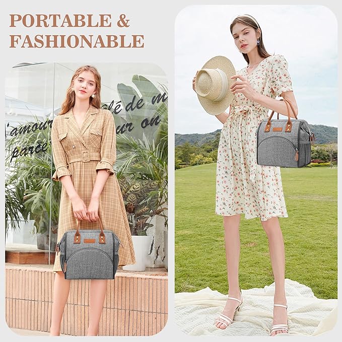 LOKASS Insulated Lunch Bag for Women & Men - Reusable 10 L Lunch Box for Women - Leakproof Tote Cooler Bag for Adults Work, Beach, Travel, Picnic (Grey)