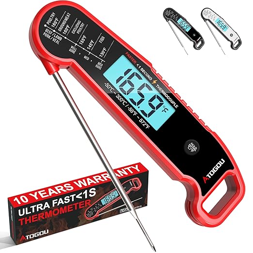 Professional Food & Meat Thermometer, 1 Sec Instant Read & ±0.5℉ Accuracy Driven by Thermocouple Sensor. IP67 Waterproof Digital Thermometer for Cooking, BBQ, Grilling. Gifts for Him Dad. Red