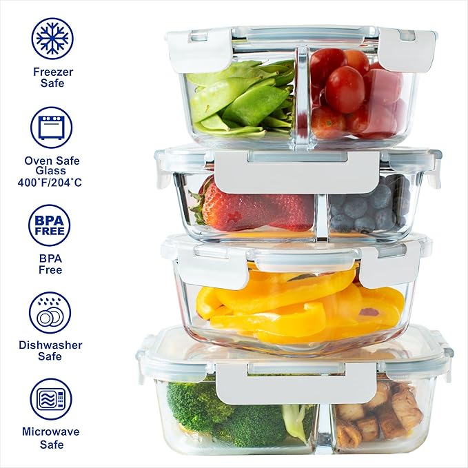Orii 4 Piece Glass Food Storage Compartment Containers with Lids, Multiple, Charcoal Grey