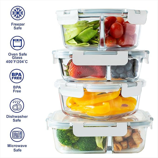 Orii 4 Piece Glass Food Storage Compartment Containers with Lids, Multiple, Charcoal Grey