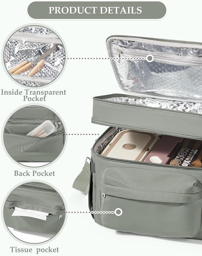 Lunch Box Women Insulated Lunch Bag Men Expandable Waterproof Leakproof Lunch Boxes Large Lunch Tote Cooler Bag for Work with Water Bottle Holder Grey Green