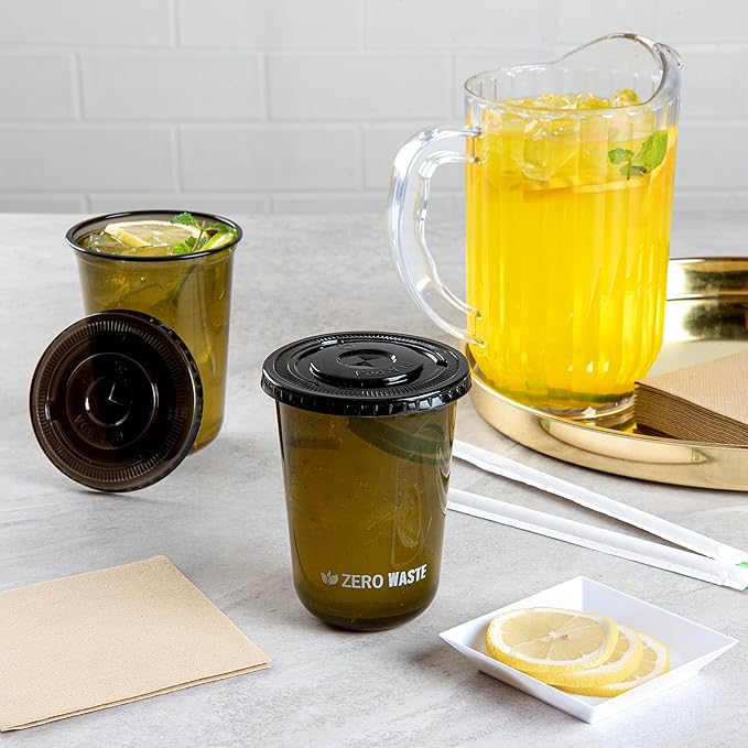 LIDS ONLY: Zero Waste 3.5 x 3.5 Inch Plastic Lids, 100 Disposable Flat Lids - Cups Sold Separately, Commercially Compostable, Black PLA Plastic Lids, Fits 12,16, And 24 Ounce Cups - Restaurantware