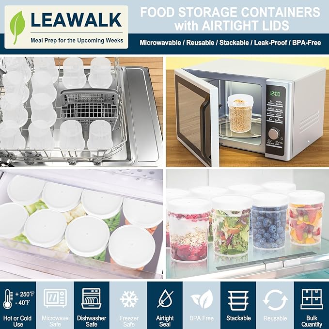 32 oz -12 Pack Reusable Food Freezer Storage Containers with Lids BPA Free, Twist Top Deli Container, Leak Proof, Stackable, Microwave and Dishwasher Safe-Elegant White