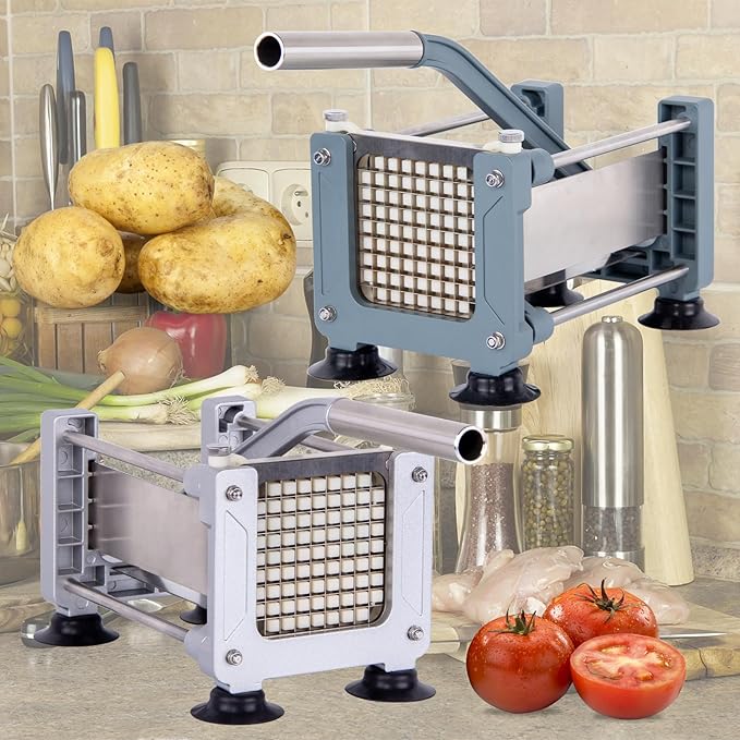 Rismonar French Fry Cutter Stainless Steel Potato Slicer With 1/2in 1/4in 3/8in Blade for Carrots Cucumbers Vegetables (Silver, Machine + 3/8)