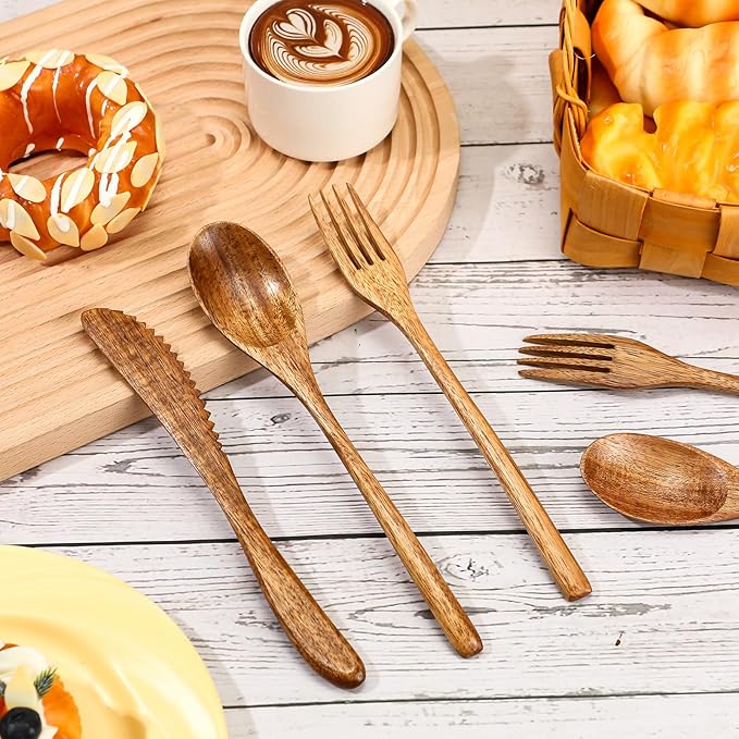 Geiserailie 12 Pcs Wooden Utensils for Eating Wooden Spoon Fork Knife Cutlery Set Kitchen Wood Dinner Flatware Tableware Set Includes Spoon, Fork, Knife (Acacia Wood)