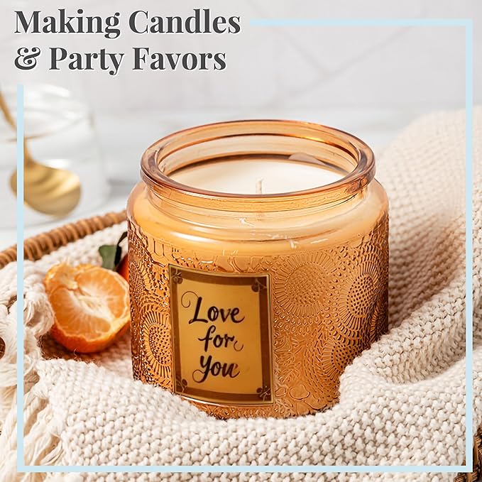 Decorative Glass Jars With Lids, 12 oz Small Vintage Food Storage Canning Jar With Airtight Bamboo Lid and Labels, For Spices Candle Making Apothecary Kitchen Bathroom (Amber, 8 pack)