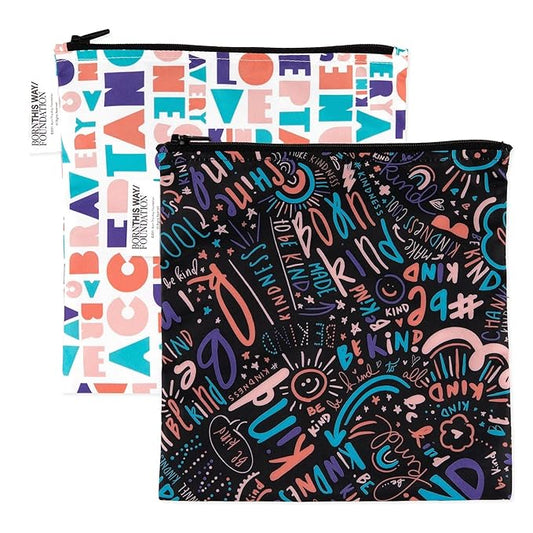 Bumkins Reusable Sandwich and Snack Bags, for Kids School Lunch and for Adults Portion, Washable Fabric, Waterproof Cloth Zip Bag, Travel Pouch, Food-Safe Storage, Large 2-pk Born This Way Kindness
