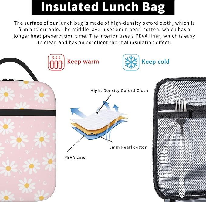 Pink Daisy Flower Insulated Lunch Bag Kids,Kids Lunch Box for Girls Boys,Bento Lunch Box Cooler Bag with Front Pocket for Women Men,Cute Lunch Tote Bag Lunchbox for Work/Office/School/Picnic