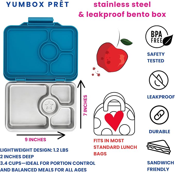 Yumbox Prêt Stainless Steel Bento Box – Leakproof, Reusable Lunch Box with Compartments for Kids & Adults – Sandwich-Friendly, BPA-Free, Eco-Friendly Lunch Container (Glitter Blue)