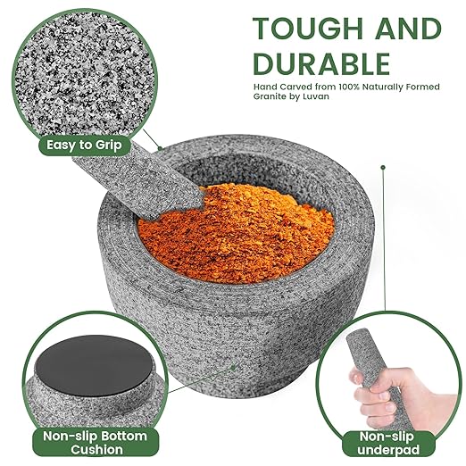 Luvan Mortar and Pestle Set,2 Cups Unpolished Granite Natural Stone Grinder Bowl for Molcajete Guacamole Bowl Crushing/Mexicano Guacamole,Spices Grinder,Herb Crusher,Salsa Pesto-6IN/Gray