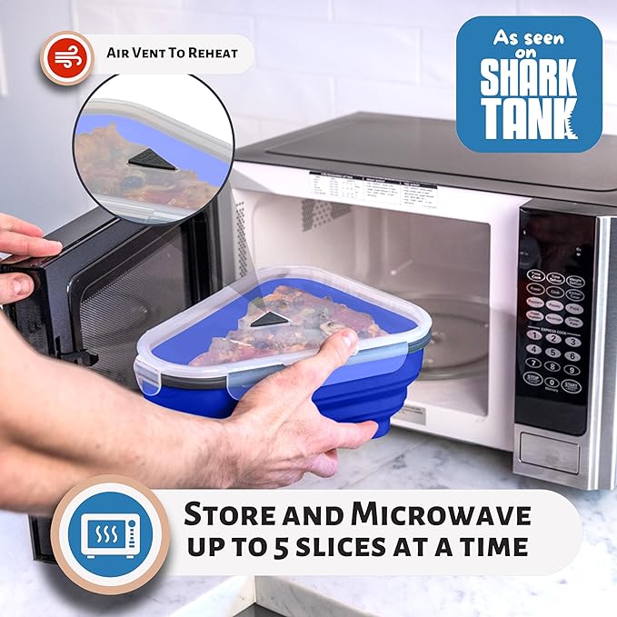 PIZZA PACK The Perfect Reusable Pizza Storage Container with 5 Microwavable Serving Trays - BPA-Free Adjustable Pizza Slice Container to Organize & Save Space, 2 Pack, Blue