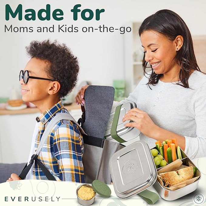 Everusely - Bento Box for Kids - Sage, 6.5x4.7 / 27oz - Stainless Steel Lunch Box w/Leakproof Condiment Container - 3 Compartment Snack Box for School, Office Meals - Freezer & Dishwasher Safe
