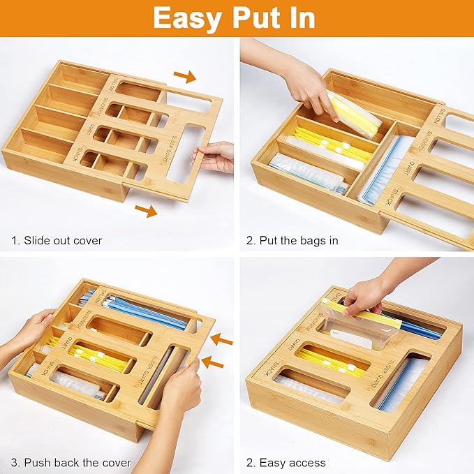 Plastic Bag Organizer for Drawer, Bamboo Food Storage Bags Container Organizer with Slider, Baggie Bags Storage for Drawer Compatible with Gallon, Sandwich Variety Size Bags