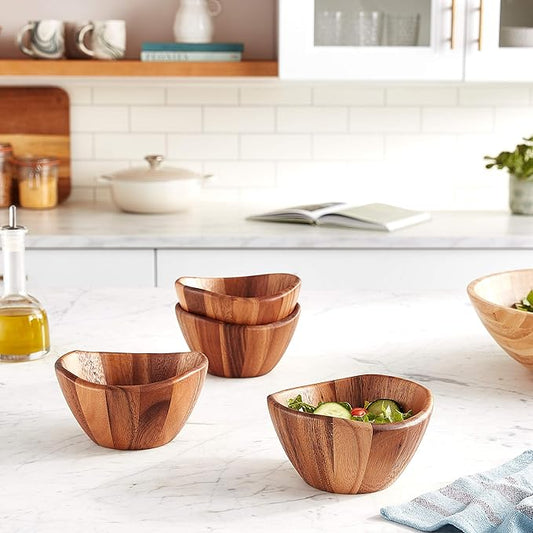 Lipper International Acacia Wave Serving Bowl for Fruits or Salads, Small, 6" Diameter x 3" Height, Set of 4 Bowls
