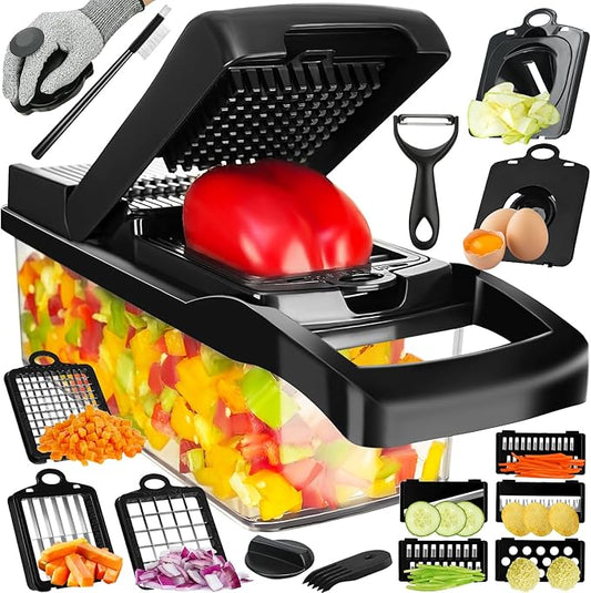Vegetable Chopper Spiralizer Vegetable Slicer Cutter Multifunctional All-in-1 Food Choppers Dicer Onion Chopper Veggie chopper with Container Cheese Grater Includes Hand Guards and Gloves