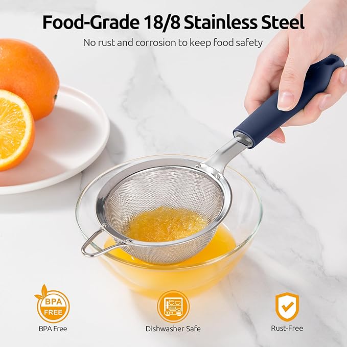 U-Taste 18/8 Stainless Steel 3.75in Small Fine Mesh Strainer with Sturdy Handle and Frame, and 18/8 Stainless Steel Square Measuring Spoons Set of 8 (Midnight Blue+Silver)