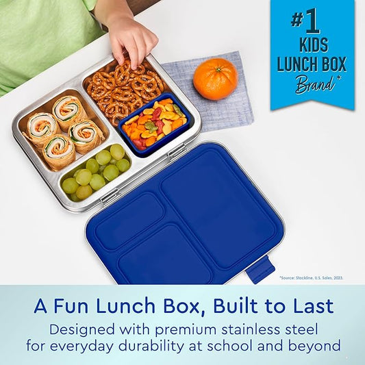 Bentgo Kids Stainless Steel Prints Leak-Resistant Lunch Box - 3-Compartments with Bonus Silicone Container, Durable, Eco-Friendly, Dishwasher Safe, BPA-Free, Ideal for School, Ages 3+ (Shark)