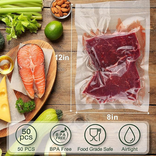 Vacuum Sealer Bags for Food - 50 Quart 8'' x 12'' Pre-Cut Food Saver Bags Quart Size, BPA Free Heavy Duty Vacuum Seal Bags for Food Preservation, Freezer Storage, Seal a Meal or Sous Vide