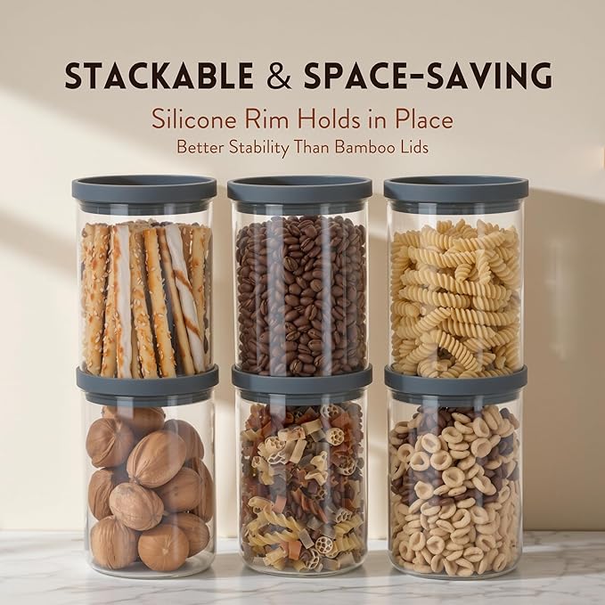 Glass Airtight Canisters with Silicone and Glass Lids – BPA-Free Borosilicate Containers for Food Prep, Storage, Wet or Dry Food Jars for Rice, Tea, Coffee, Candy – Set of 6 (28 oz)