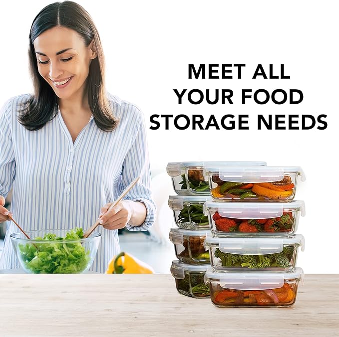 Razab 16 Pc (Set of 8) 30 Oz Glass Food Storage Containers with Lids, Airtight Large Reusable Leak Proof BPA Free Food Prep Containers, Freezer to Oven Safe