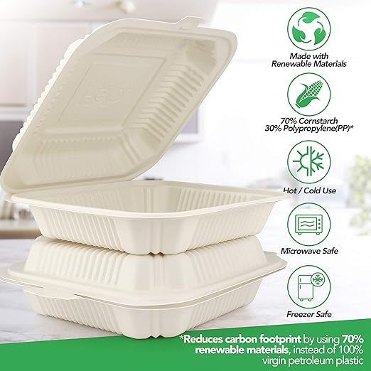 [100 Count] Eco Friendly To Go Containers (8" x 8", 1-Compartment) - Non Soggy, Leak Proof, Disposable To Go Boxes Made From Cornstarch - Microwave Safe and Ideal for Take Out Food Containers, Leftovers, Lunches