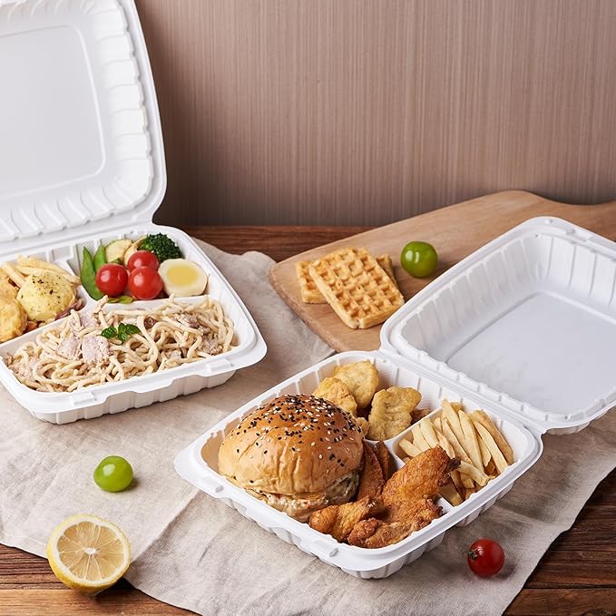 9X9 3 Compartment 50-Pack Plastic Clamshell Take Out Food Containers, Heavy Duty Disposable To-go Box For Cake, Sandwich, Salad, Dessert (Formerly FULING)
