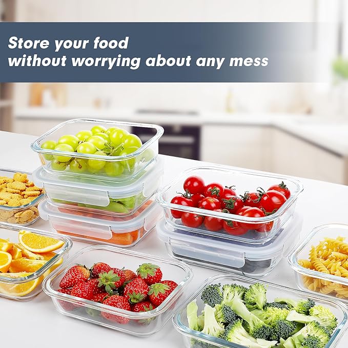 BAYZZ Glass Meal Prep Containers, 10 Packs 22 oz Glass Food Storage Containers,Airtight Lunch Containers with lids, Microwave,Freezer,Dishwasher Safe