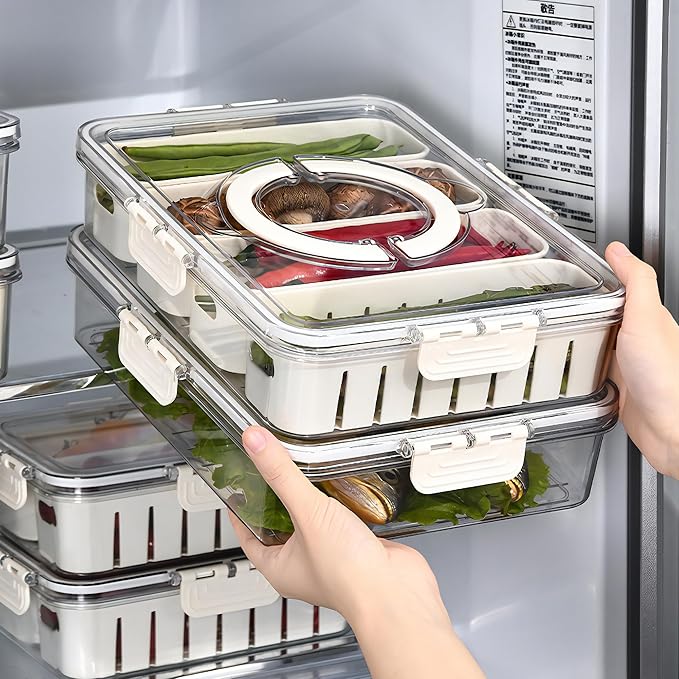 MineSign 2Pack Divided Snackle Box with Lids Stackable Food Serving Tray for Fruit&Veggie Plastic Fridge Storage Container for Pantry Freezer Clear Snack Box for Meal Prep Candy Nuts Spice