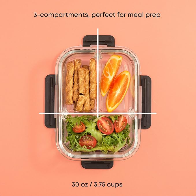 JoyJolt Divided 3 Compartment Glass Meal Prep Bento Box Set. 5 Pack Airtight Food Storage Containers with Lids for Portion Control and Weight Loss