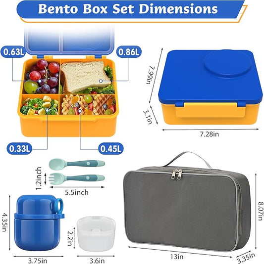 Bento Lunch Box for Kids with 12oz Soup Thermo, Leak-Proof Lunch Containers with 5 Compartments, Insulated Lunch Bag, Thermo Hot Food Jar with Spoon for Kids to School, Travel, Blue