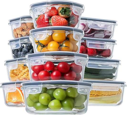 HOMBERKING 24pc Glass Food Storage Containers with Lids, Glass Meal Prep Containers, Airtight Glass Bento Boxes, BPA Free & Leak Proof, Pantry Kitchen Storage(12 lids & 12 Containers) - Gray