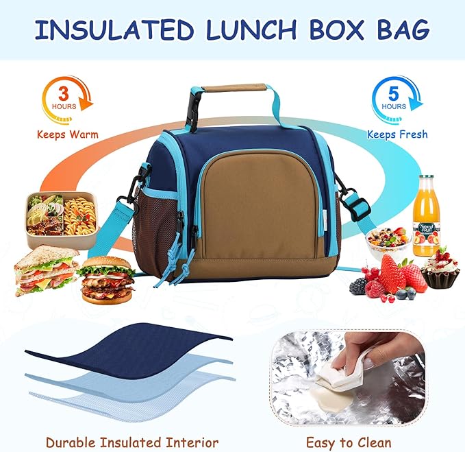 VASCHY Lunch Bag for Kids, Boys Cute Reusable Insulated Large Lunch Box Container for Daycare School Kindergarten Preschool Brown Navy