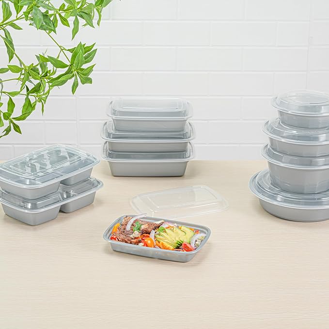 Restaurantware Asporto 16 Ounce Take Out Containers, 100 Food Containers With Lids - Microwavable, Disposable, Silver Plastic To Go Food Containers, No BPA, For Take Out And Delivery