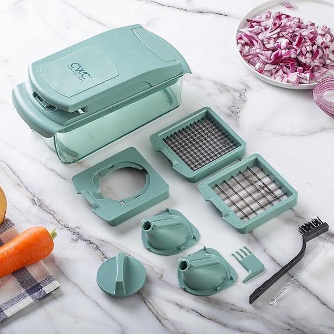 ook with Color Vegetable Chopper - Multifunctional 11 in 1 Vegetable Chopper with Container - Food Chopper to Dice, Chop, Slice, Julienne and Spiralize, Sage