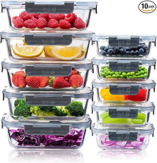 Igluu Meal Prep Glass Food Storage Containers 10 Pack, Meal Prep Containers with Snap Lock Leakproof Lids, Reusable Microwave safe BPA-free Lunch Boxes (10 Containers & 10 Lids) 35.5oz & 12.5oz