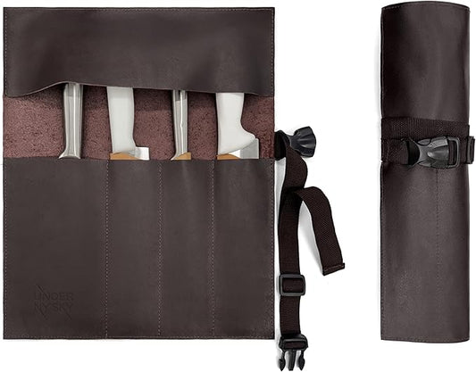 Under NY Sky Genuine Leather Knife Roll Case - 4 Slots - Real Leather Pouch - Portable Bag for Cooking Tools, Utensils, Cutlery Knives, Brushes - Chefs, Kitchen, Travel, Gift - Brown L