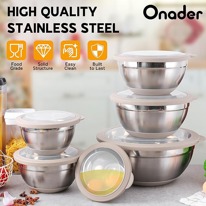 Mixing Bowls with Lids Set of 6 Large Metal Nesting Mixing Bowls Stainless Steel Non-Slip Salad Bowl Khaki – Size 1, 1.5, 2, 2.6, 3.5, 7QT