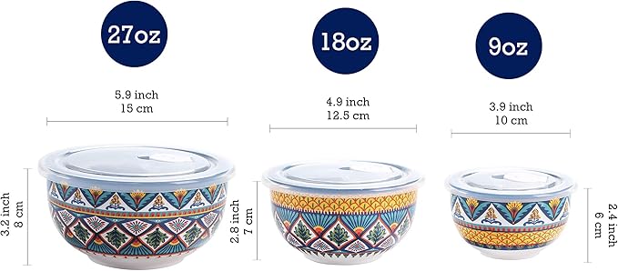 Bico Havana Ceramic Bowl with Air Tight Lid Set of 3(27oz, 18oz, 9oz each), Prep bowls, Food Storage Bowl for Salad, Snacks, Fruits, Microwave and Dishwasher Safe