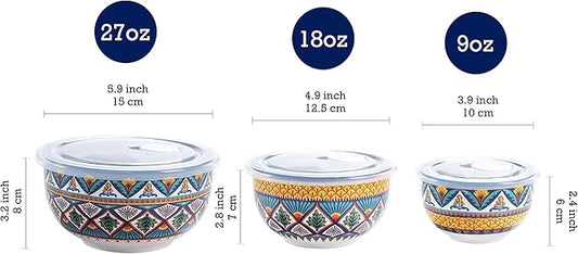 Bico Havana Ceramic Bowl with Air Tight Lid Set of 3(27oz, 18oz, 9oz each), Prep bowls, Food Storage Bowl for Salad, Snacks, Fruits, Microwave and Dishwasher Safe