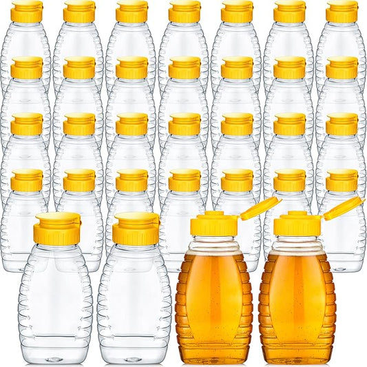Eccliy 32 Pcs 8.8 oz Clear Plastic Honey Jar Empty Honey Bottles with Caps Refillable Containers Leakproof Squeeze Bottle Container Holder with Flip Lid for Storing(Yellow)