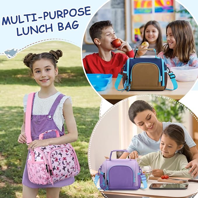 VASCHY Lunch Bag for Kids, Boys Cute Reusable Insulated Large Lunch Box Container for Daycare School Kindergarten Preschool Brown Navy