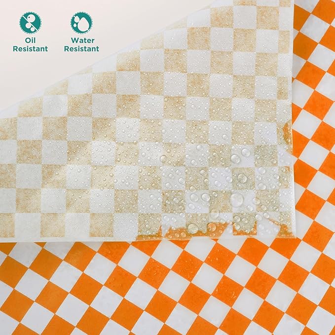 GeeRic Waxed Deli Paper Sheets 12 * 12 Inch, 100 Pcs Food Basket Liners for Sandwiches, Burgers, Checkered Deli Wrap Wax Paper Sheets Orange