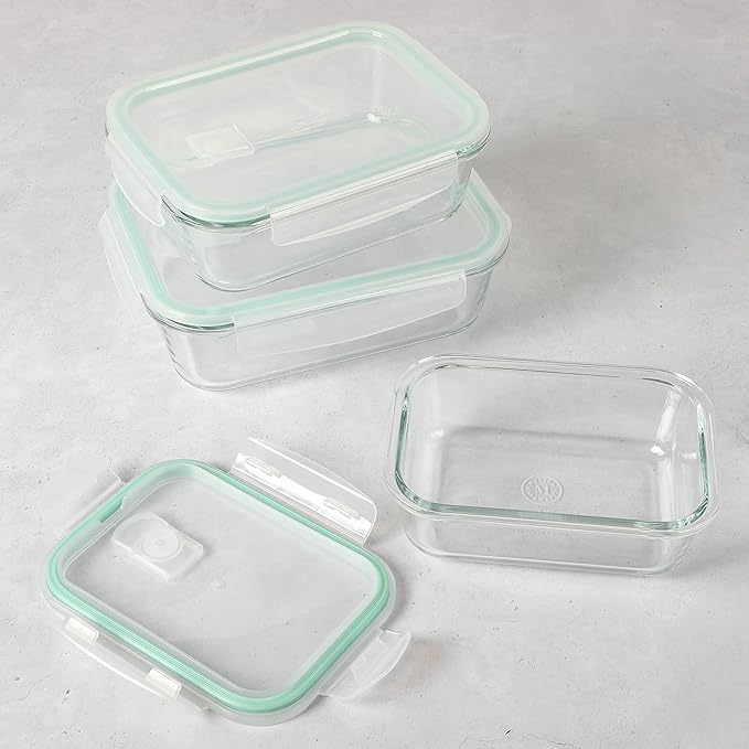 Martha Stewart Seavey 6 Piece 51.4 oz, 35.5 oz, 21.6 oz Square Storage Borosilicate Glass Container Set w/PP Snap Martha Blue Lids
