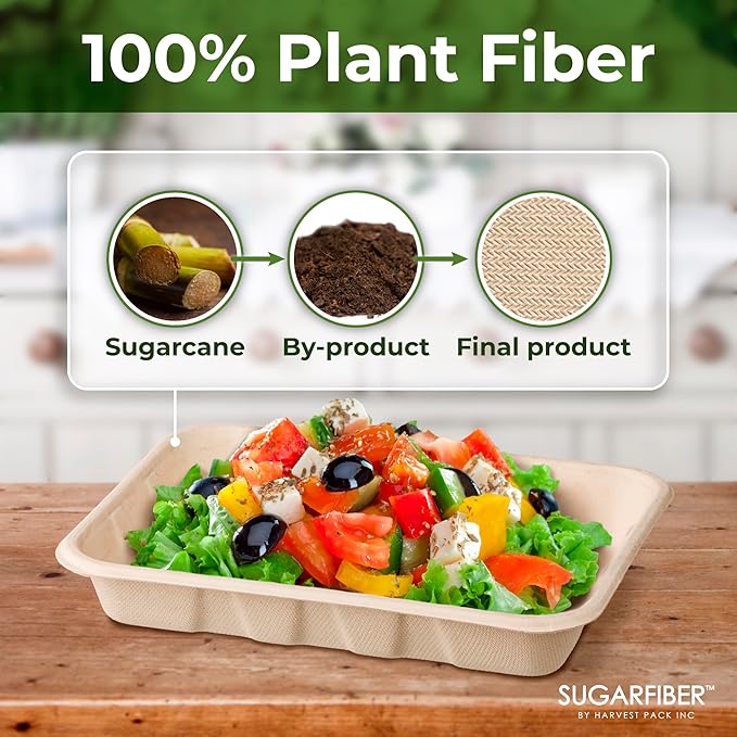 [100 COUNT]Sugarfiber by Harvest Pack 22 oz PFAS FREE Disposable Food Trays, Disposable Food Container Bagasse Serving Trays, Rectangle, Made from Sugarcane Eco-Friendly Plant Fibers, No Lids included