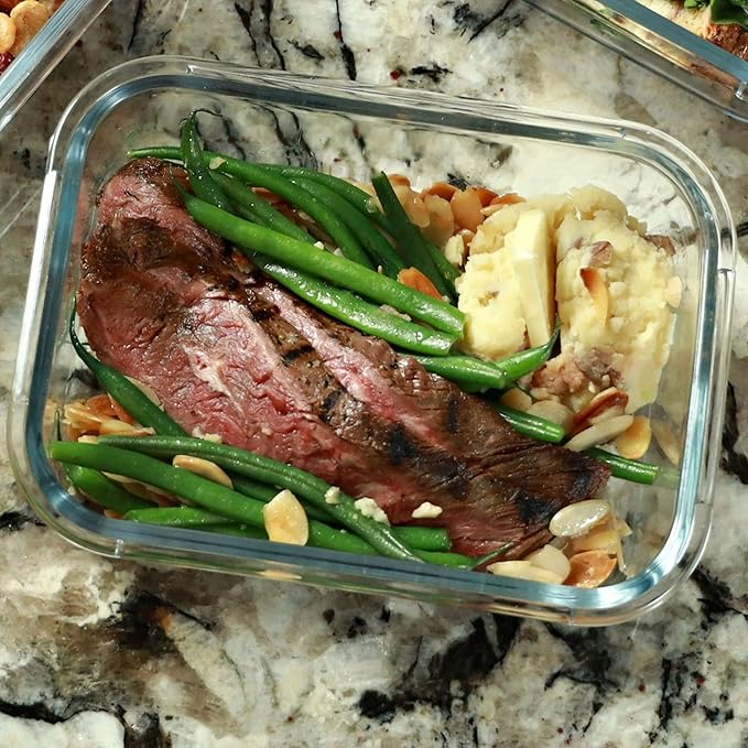 FIT Strong & Healthy 35oz Glass Meal Prep Containers with Lids 1 Compartment - Glass Lunch Box, Lunch Food Storage, Airtight Lids, Oven, Dishwasher & Freezer Safe, Leak-Proof Bento Box, Blue, 3 Pack