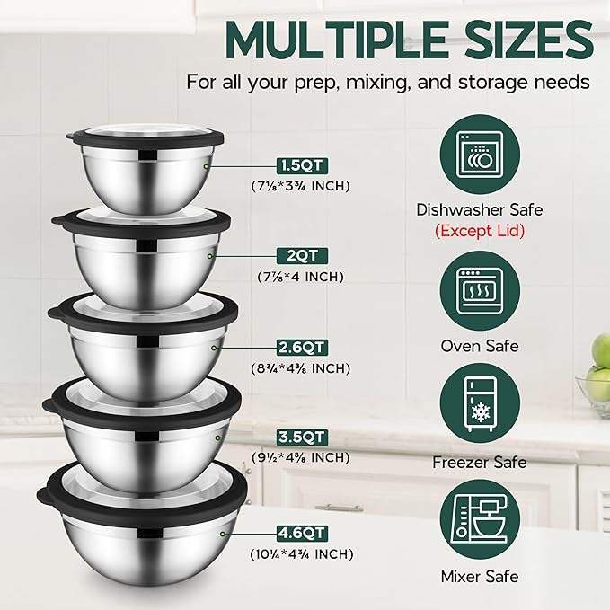 Stainless Steel Mixing Bowls with Black Lids Metal Nesting Mixing Bowl Set of 5 - Size 1.5, 2, 2.6, 3.5, 4.6QT