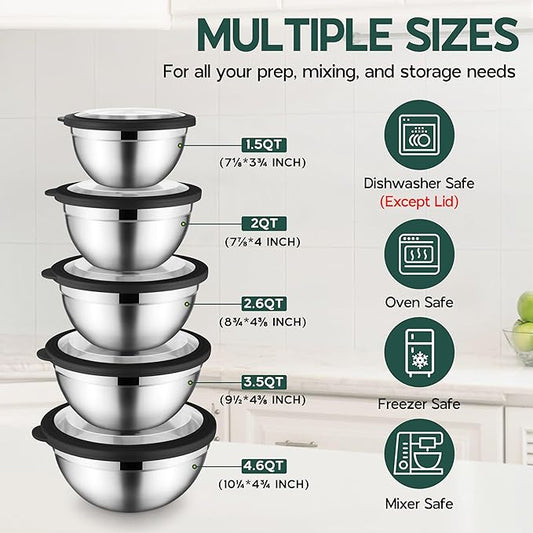 Stainless Steel Mixing Bowls with Black Lids Metal Nesting Mixing Bowl Set of 5 - Size 1.5, 2, 2.6, 3.5, 4.6QT