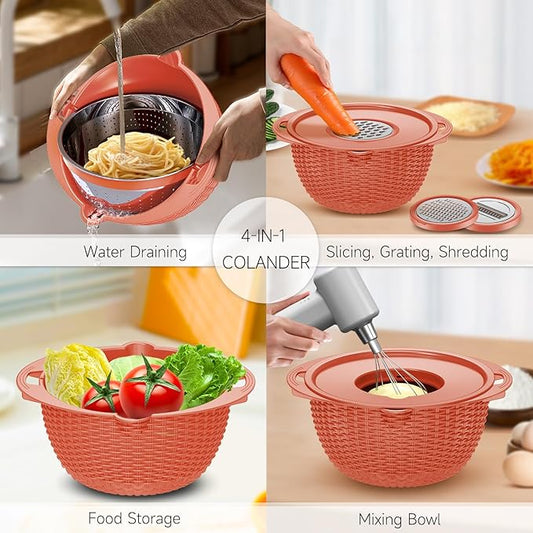 4-1 Colander with Bowl Set - Pasta Strainer - Colander for Kitchen - Strainers and Colanders Rice Strainer Fruit Cleaner Veggie Wash Sink Strainer Kitchen Essentials - Orange