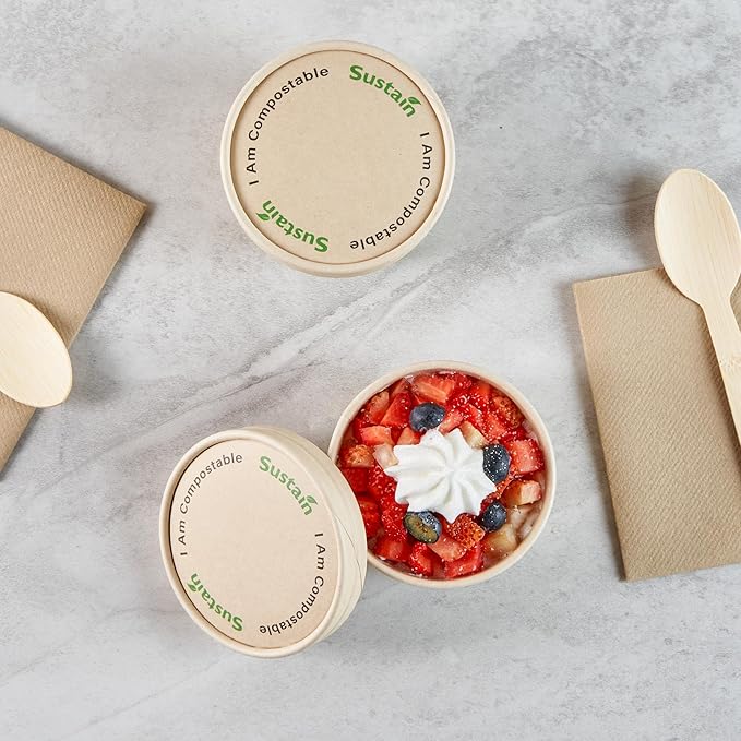 LIDS ONLY: Sustain Round Paper Soup Container Lids, 200 Disposable Ice Cream Cup Lids - Cups Sold Separately, For 5 Ounce Cups, Bamboo To Go Cup Lids, With PLA lining, Compostable - Restaurantware