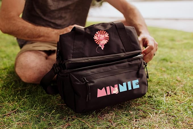 PICNIC TIME Disney Minnie Mouse Tarana Lunch Bag Cooler with Utensils Made from Recycled Material, Lunch Box with Picnic Set, Upcycled Lunch Cooler Bag, (Carbon Black)